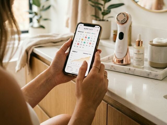 Woman holding a phone with an app on screen, skincare device and topicals in the background
