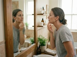 Woman looking at her reflection in the mirror, inspecting face skin