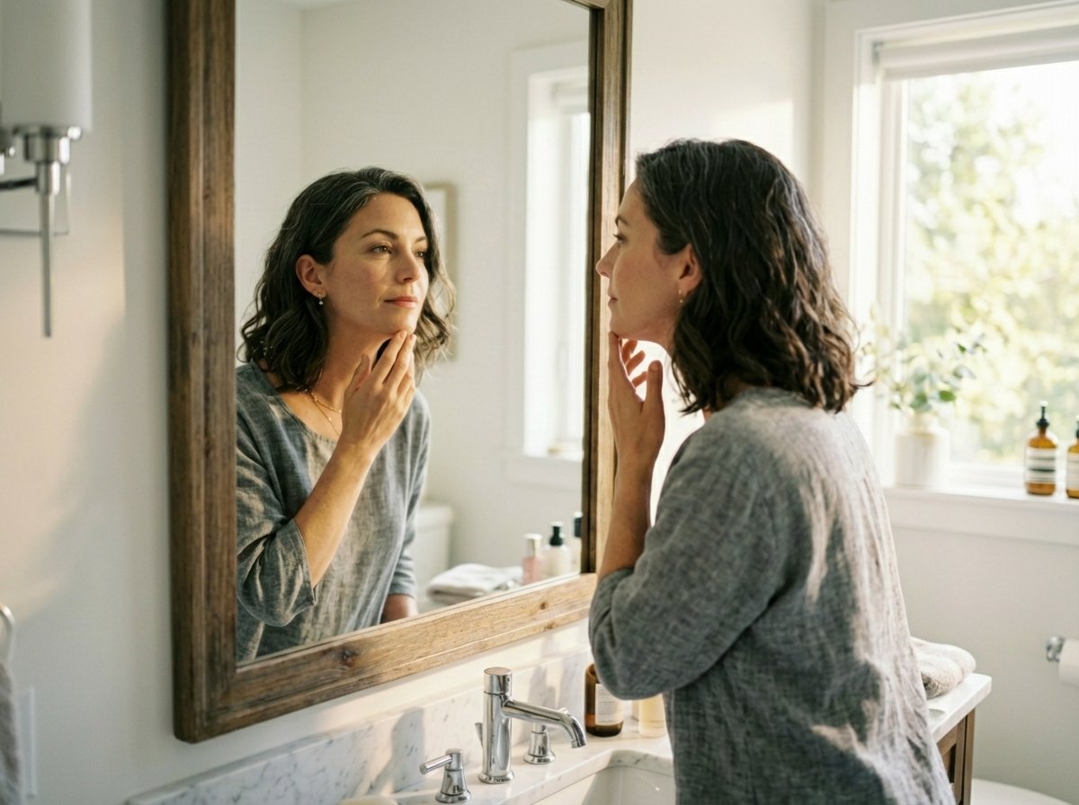 Woman looking at herself in the mirror