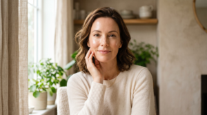 Smiling woman touching her face in a bright, plant-filled room