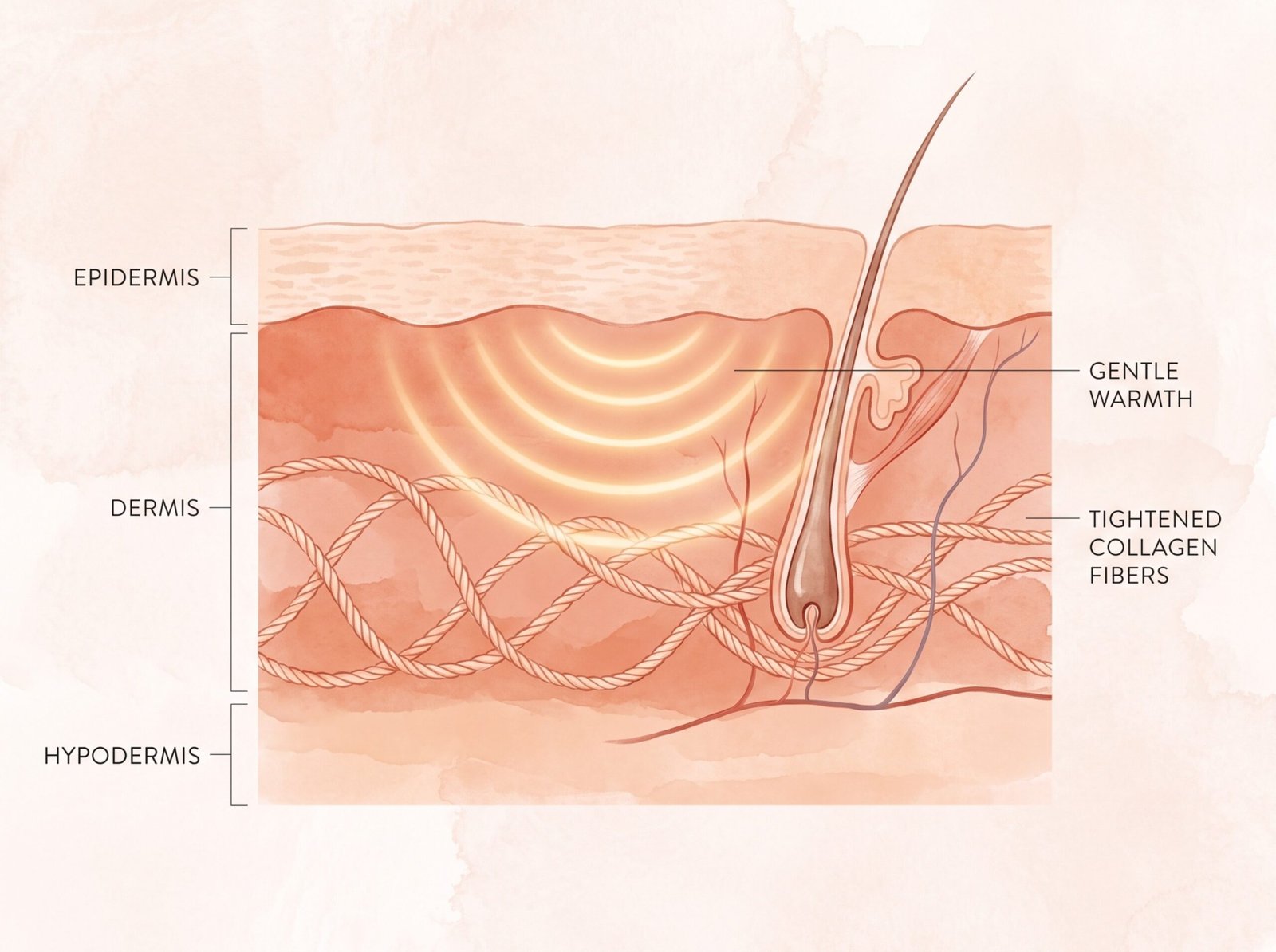 Cross-section diagram of skin layers showing radio frequency energy warming the dermis and tightening collagen fibers