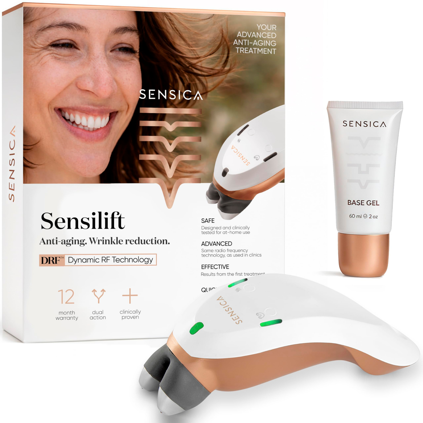 Sensica Sensilift at-home radio frequency device with its retail box and Sensica Base Gel tube