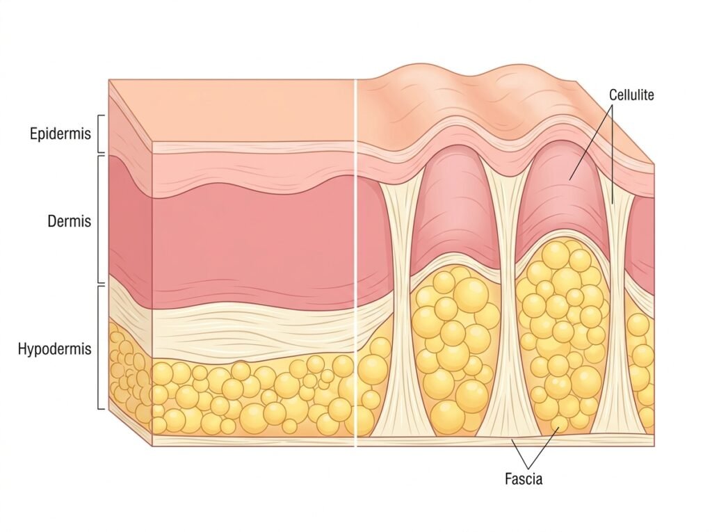 An illustration of skin cross section, showing cellulite structure.