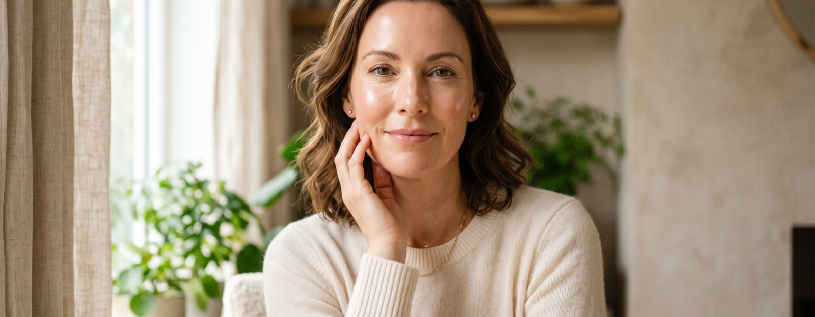 Smiling woman touching her face in a bright, plant-filled room